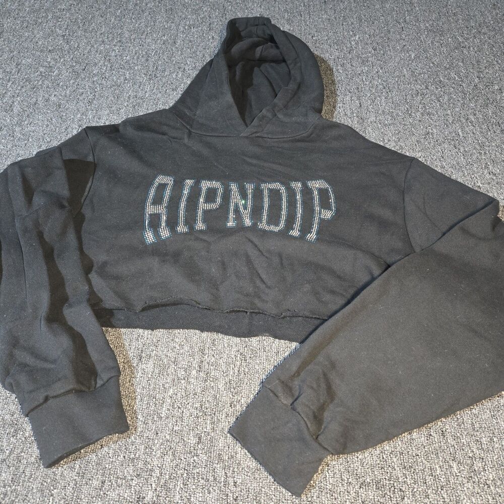 RIPNDIP Rhinestone Crop Hoodie Women’s Large Cut Off Bling Graphic Top Black